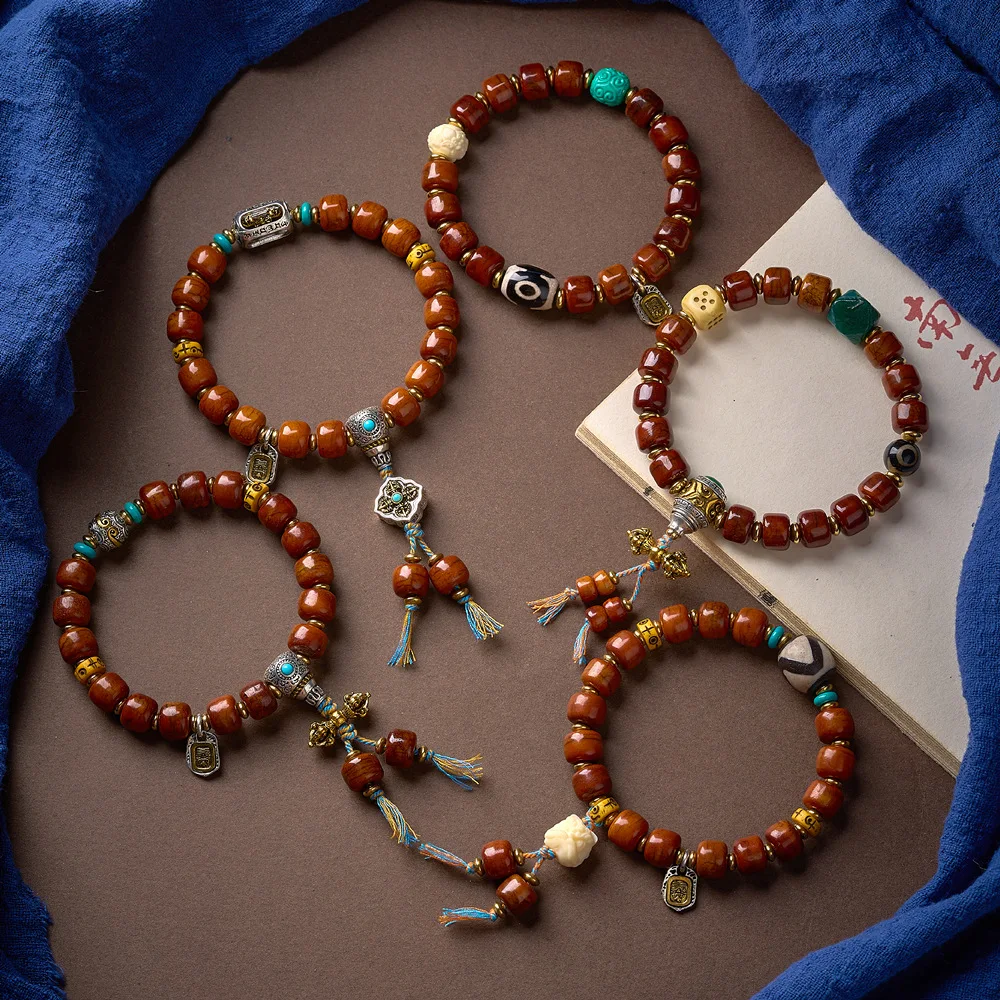Ethnic Tibetan-style Brown Yak Bone Bead Bracelets for Men Women Retro Agate Handheld Prayer Bead Chain Mystery Blessing Jewelry