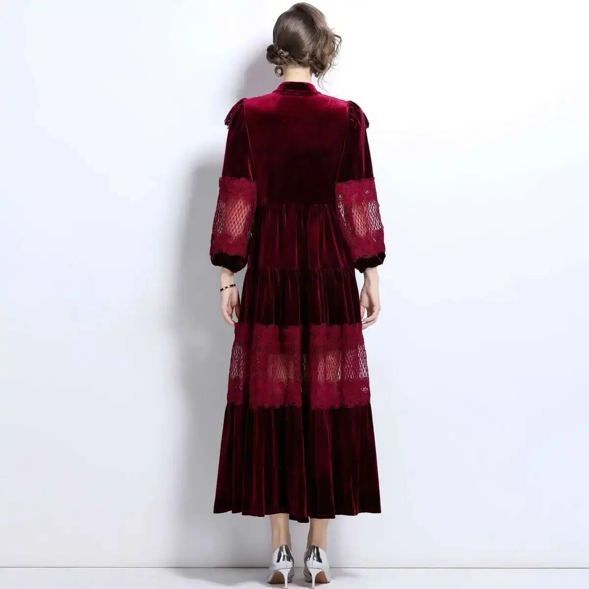 Fashion Autumn Winter Single Breasted Pearls Long Sleeve Lace Velvet Dress Women Ruffles A Line Maxi Prom Dresses Lady
