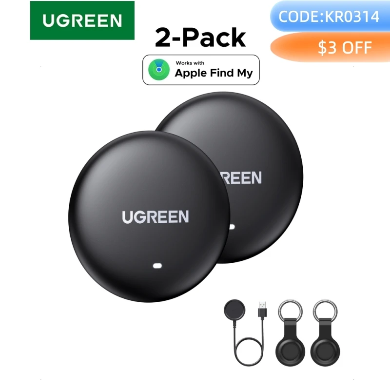 Localizador de Itens UGREEN FineTrack, Localizador Global, Bateria com Duração de 1 Ano, Carregamento Sem Fio, Pacote com 2 para iOS