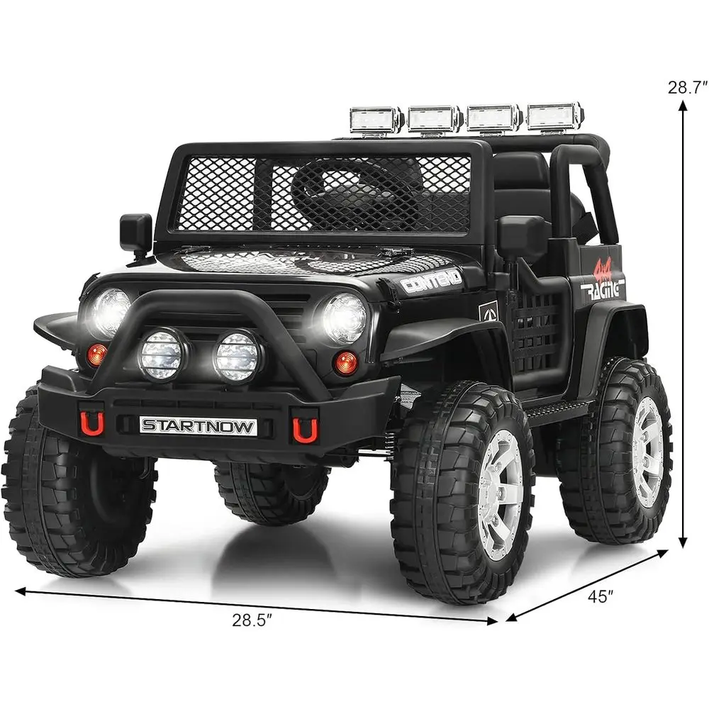 รถบรรทุกเด็กนั่งขับ 2 ที่นั่ง, รถยนต์ไฟฟ้าใช้แบตเตอรี่ 12V พร้อมรีโมทคอนโทรล, 2 ระดับความเร็ว, ระบบกันสะเทือนแบบสปริง, ไฟ LED, สีดำ