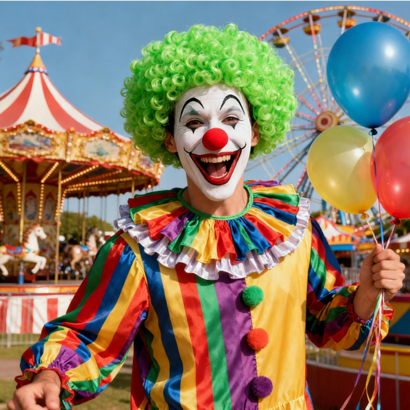 Clown-Kostümzubehör: grüne Perücke, Fliege, weiße Handschuhe und rote Nase, geeignet für Partyrollenspiele mit Zirkusmotiv.