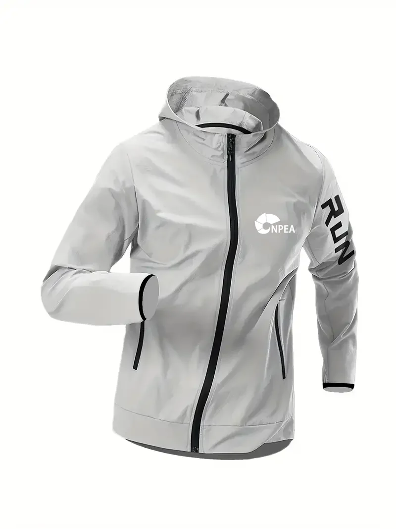 

High-quality summer casual travel style windbreaker for men, zippered, pocket, hooded running and fitness jacket, available in t