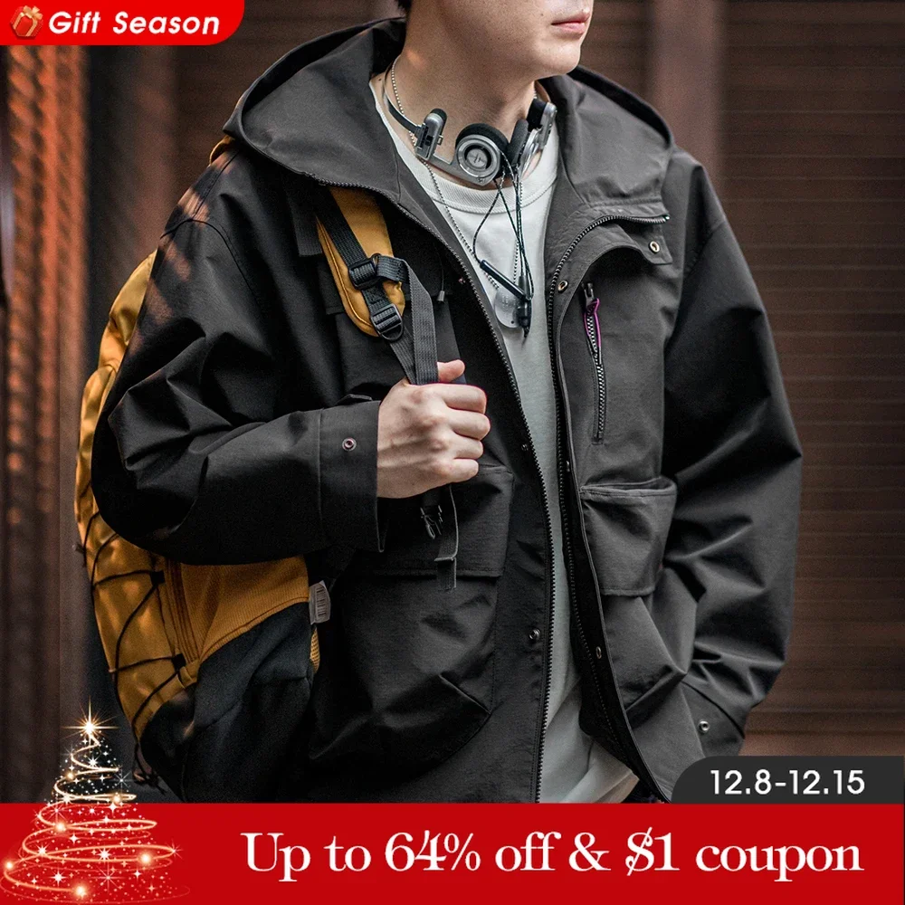 Maden Casual Multi-Pocket Functional Hooded Jacket Black Loose Outdoor Sports Coat for Men\'s Spring and Autumn Versatile Jacket