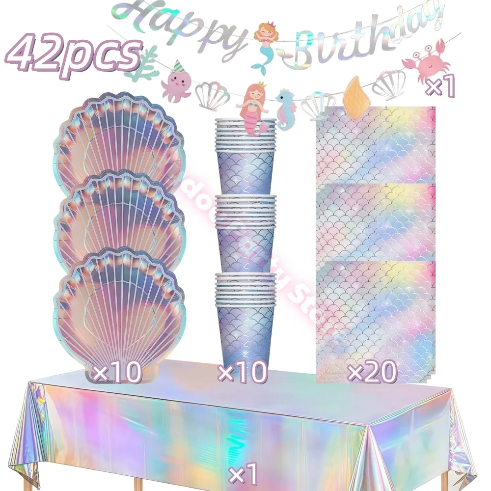 Meerjungfrau-Geburtstagsparty-Dekorationen: Farbverlauf-Muschelteller, Becher, Servietten, Ballons, Banner, Partydeko für Mädchen, Babyparty-Zubehör – Detail 11