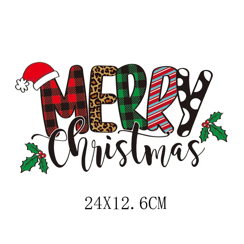 24x12.6cm Colourful Christmas Letters Iron On Patches For DIY Heat Transfer Clothes T-Shirt Thermal Stickers Decoration Printed