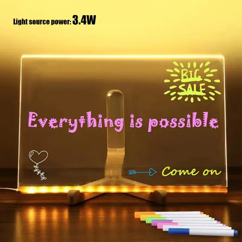 Note Board With 7 Colorful Pens Light Up Dry Erase Board Erasable Neon Sign Clear Writing Board for Office School Home