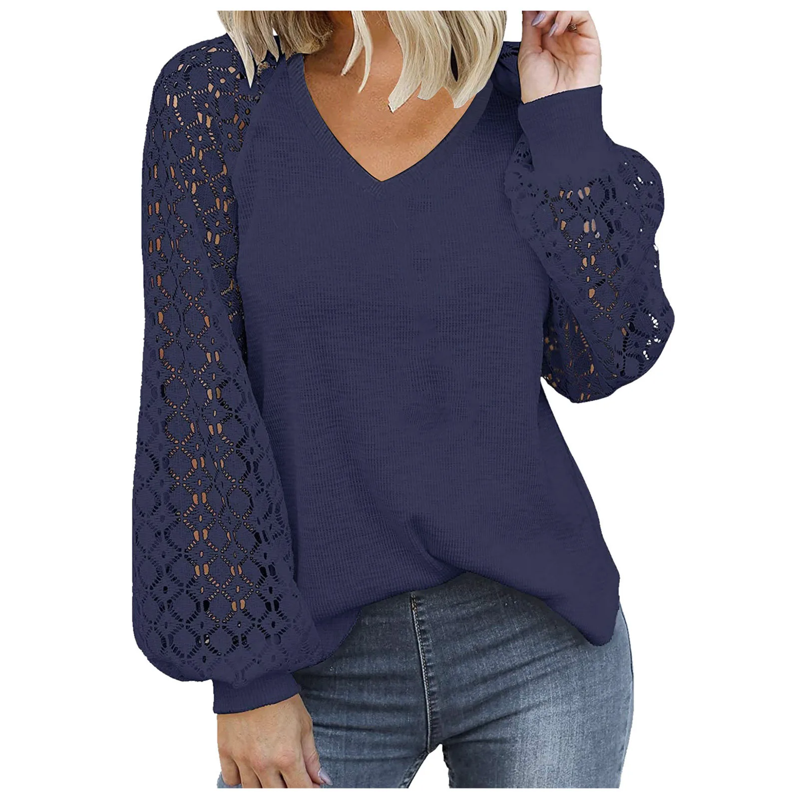 

2025 Spring/summer Shirt Solid Color Trendy New V-neck Hollow Out Long Sleeve Lace Patchwork Loose Top For Women Office Lady Top