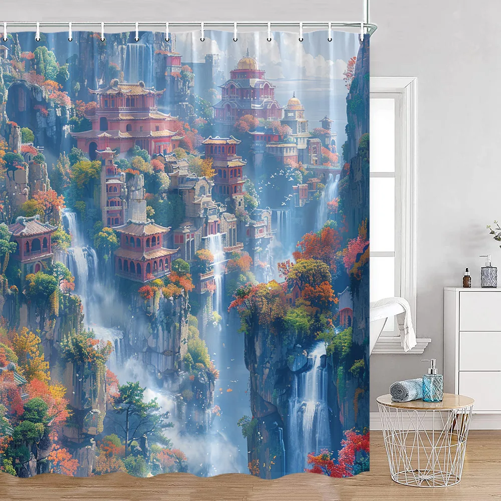 Castle Shower Curtains Fantasy Mushroom House Fairy Foral Garden Tree House Bathroom Decorations Polyester Fabric Bath Curtain