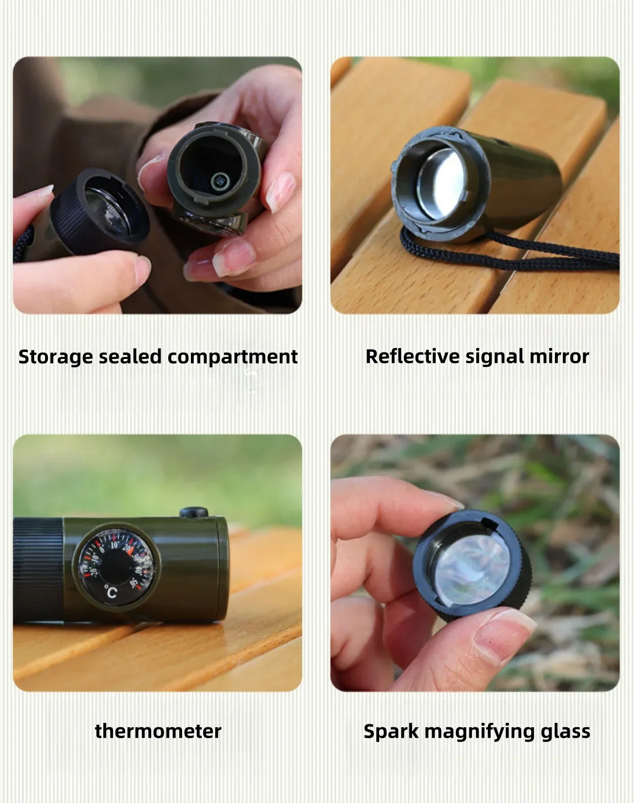 Jungle Survival Whistle with Compass Mirror Flashlight Magnifier LED Light Thermometer Storage Hiking Tool