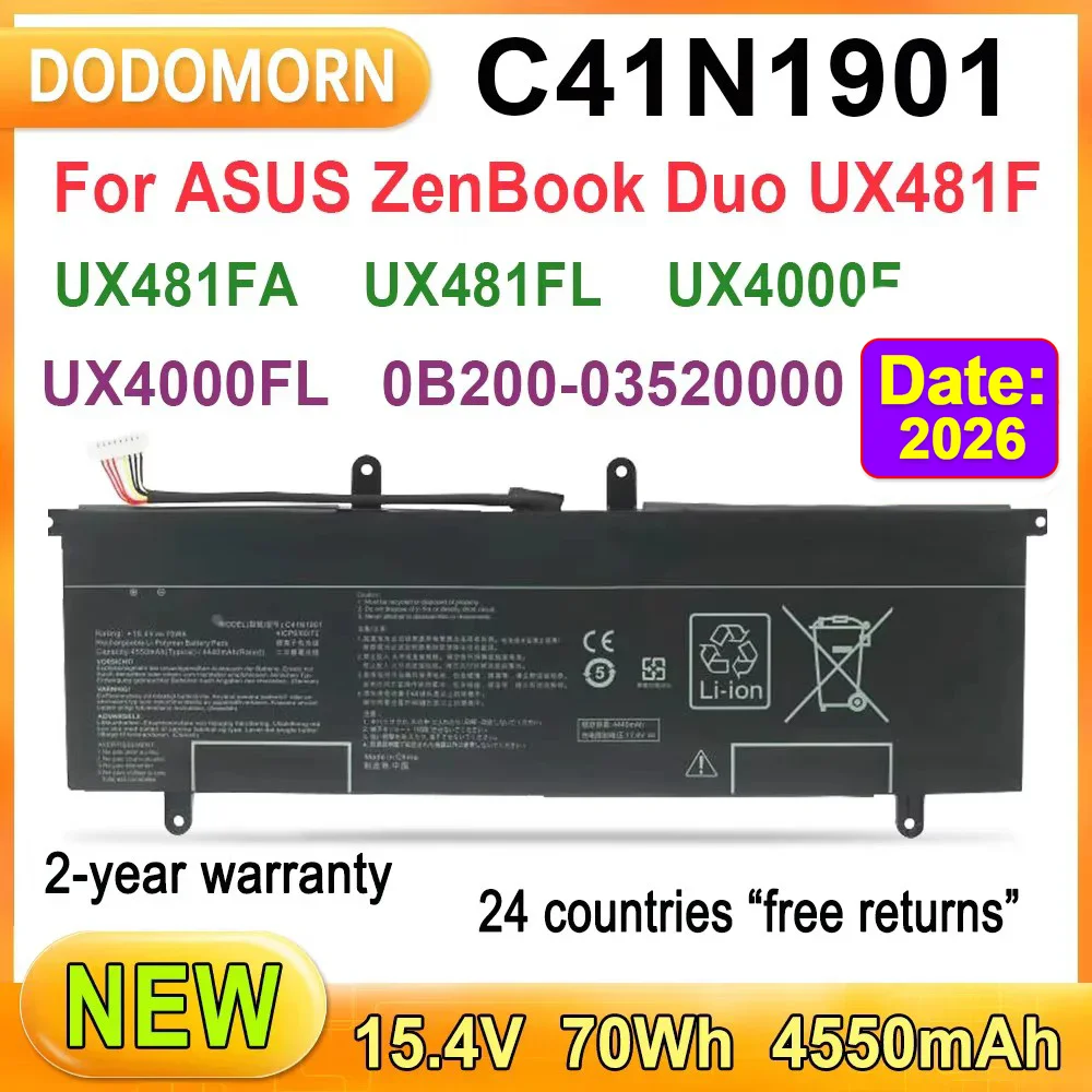 

New C41N1901 Laptop Battery For ZenBook Duo UX4000F UX4000FL UX481FL UX481FA UX481F 0B200-03520100 0B200-03520000 4ICP6/60/72