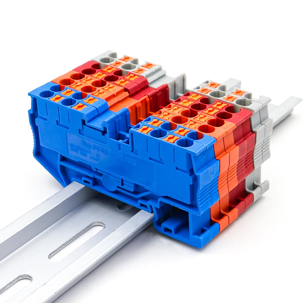 100Pcs PT 2.5-QUATTRO DIN Rail Terminal Block, Spring Clamp Push-In 4-Wire Connector 2.5mm², Compact Electrical Feed Through CE