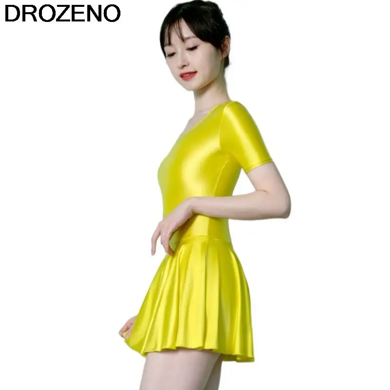 Glossy Silky Dress Short-Sleeve Tights Solid Ballet Dance Dress Practice Skirt Exercise Yoga Clothes Short Sleeve Body Skirt