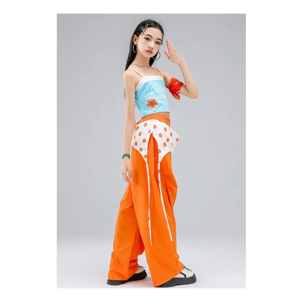 Street Dance Orange Blue Color Block Cami Top Matching Set Trendy Cool Jazz Stage Outfit Sleeveless Streetwear Summer Dance Suit