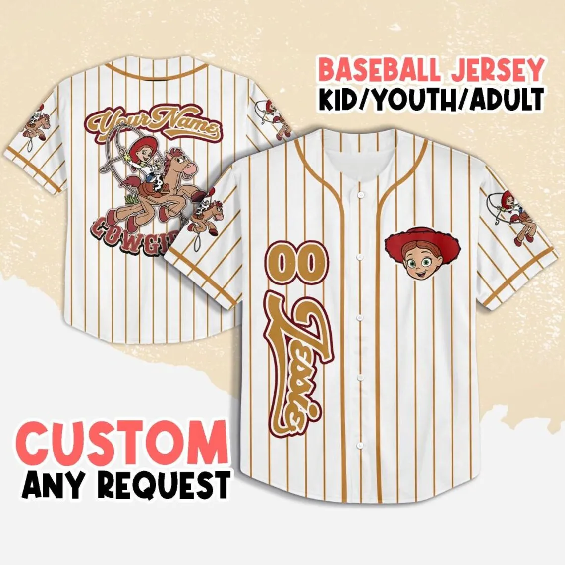 

Personalized Toy Story Jessie Woody Baseball Jersey Disney Inside Out Baseball Jersey Children's Adult Casual Outdoor Sportswear