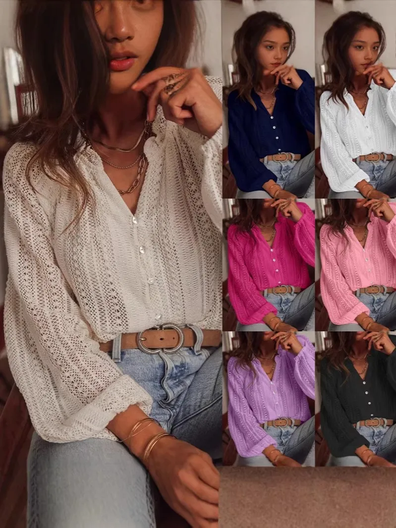 

Spring Summer Women's Clothing Loose Fit V Neck Long Sleeve Lace Sheer Top For Woman Polyester Casual Blouse Regular Cut