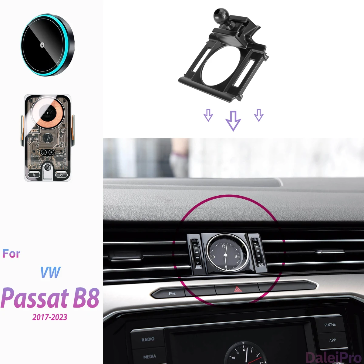 For Volkswagen VW Passat B8 2017 2018-2023 Car Phone Holder Wireless Charger Phone Auto-Clamping Strong Magnetic Holder Base