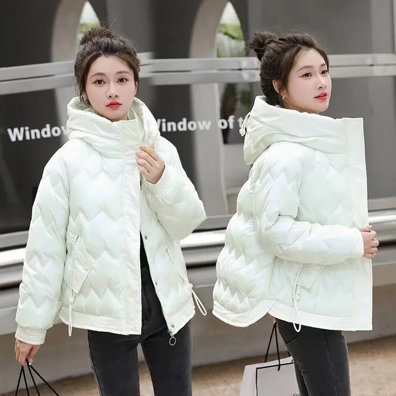 2023 New Winter Women Short Parkas Hooded Down Cotton Padded Jacket Female Overcoat Thick Warm Glossy Outwear Lady Outerwear