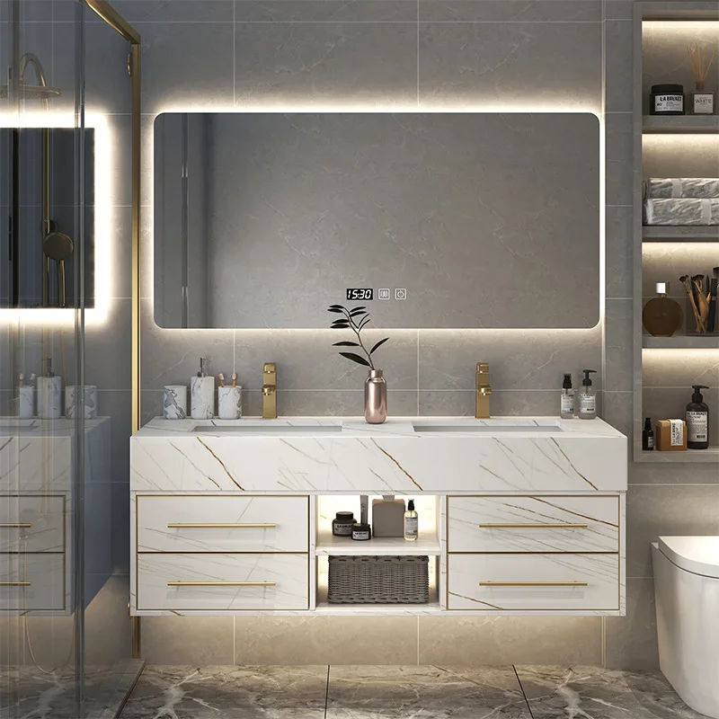 Modern Light Luxury Bathroom Cabinet Artificial Granite Countertop Smart Mirror Durable Water Resistant 5 Year Warranty