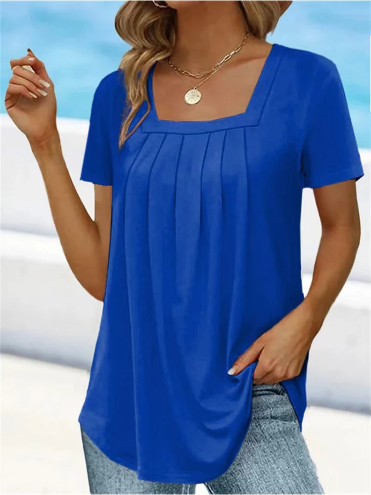 Women Solid Loose Fit Pleated T-shirt Summer U-Neck Female Shirts Fashion Ladies Vacation Tops 2024 Basic Regular Pullover Tops