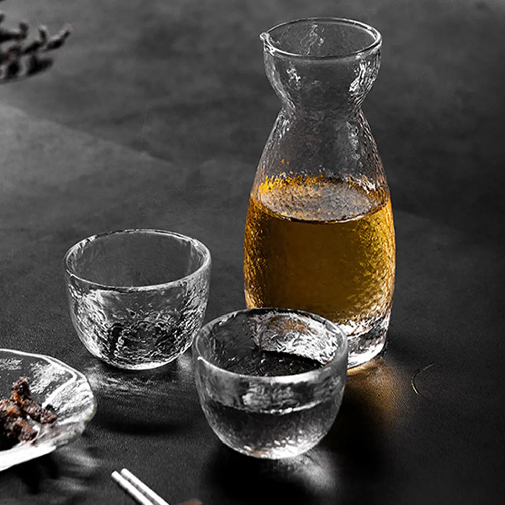 Juego de 1 taza de sake japonesa con textura martillada y jarra de sake, de vidrio de grado alimenticio, ecológico e inodoro, para el hogar, bar, restaurante, regalos