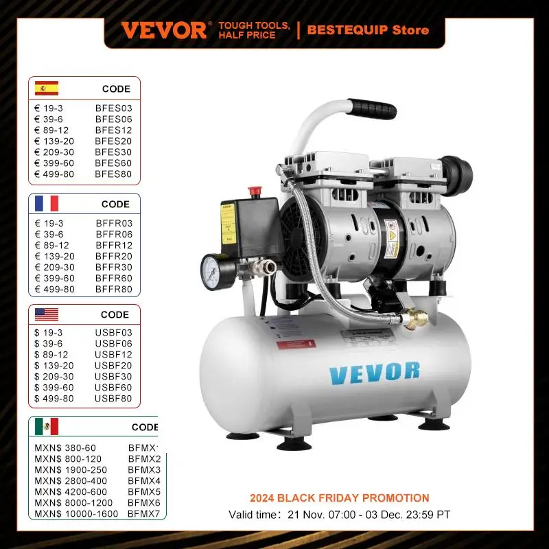 VEVOR-Compresseur d'Air Silencieux avec Pistolet de Pulvérisation, 9L/30L, Sans Huile, Pompe pour