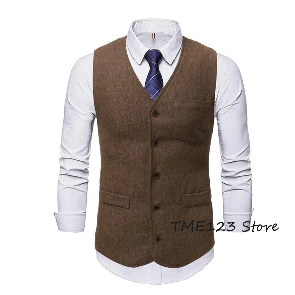 

Men's Suit Vest V Neck Wool Business Casual Gentleman Groom Best Man Vests Party Coat Sleeveless Jacket chaleco hombre