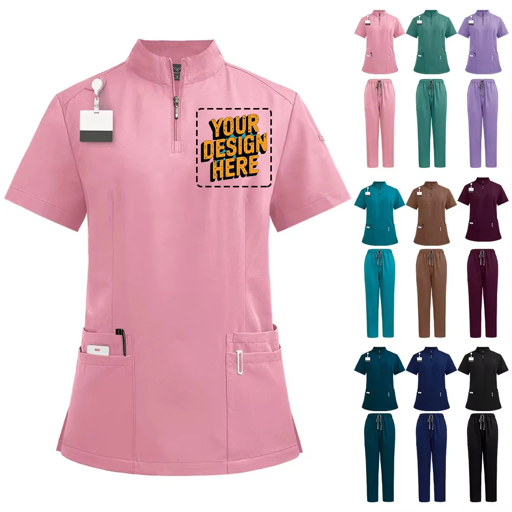 Vertical Collar Zipper Doctor Nurse Work Uniform Surgical Clothes Surgical Hand-washing Clothes Operating Free Print Logo
