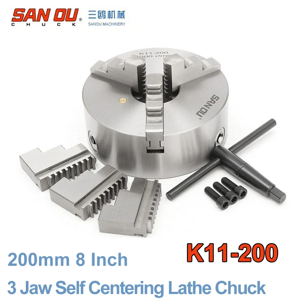 8 Inch 200mm 3 Jaw Self Centering Lathe Chuck SANOU K11-200 Metal Scroll Chucks for CNC Drilling Milling Machine