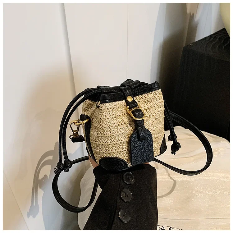 

2025 Mini Bucket Straw Bag - New Drawstring Dumpling Design, Light Luxury, Trendy Handheld/Crossbody Accessory
