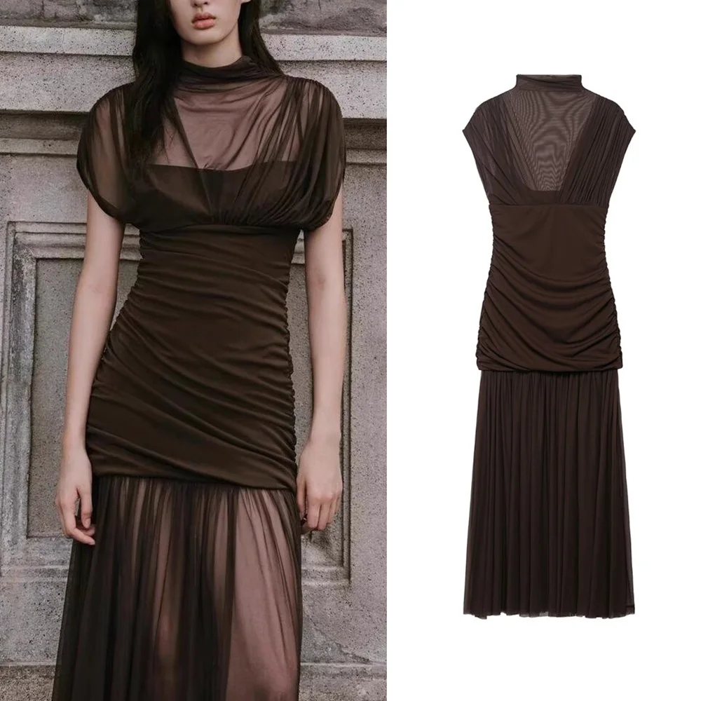Gaze Spleißen Lange Kleider Für Frauen Design Sinn Ärmelloses Abendkleid Elegante Solide frauen Kleid Neue High Neck Kleid