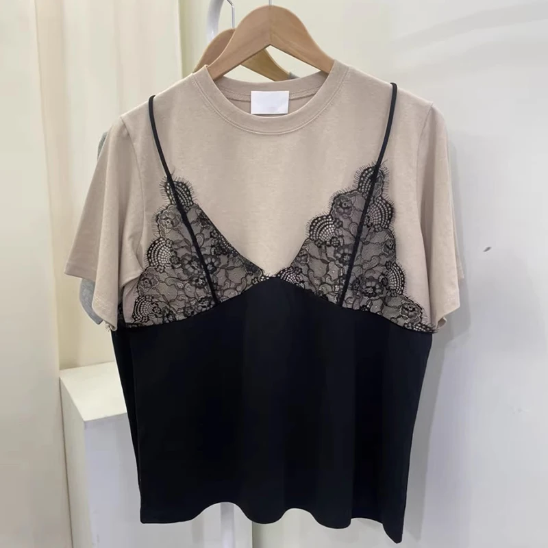 Fake Two Piece Ropa Mujer Contrast Lace Patchwork Tops Loose T Shirt Short Sleeve Camisetas Summer Round Neck Clothes Women