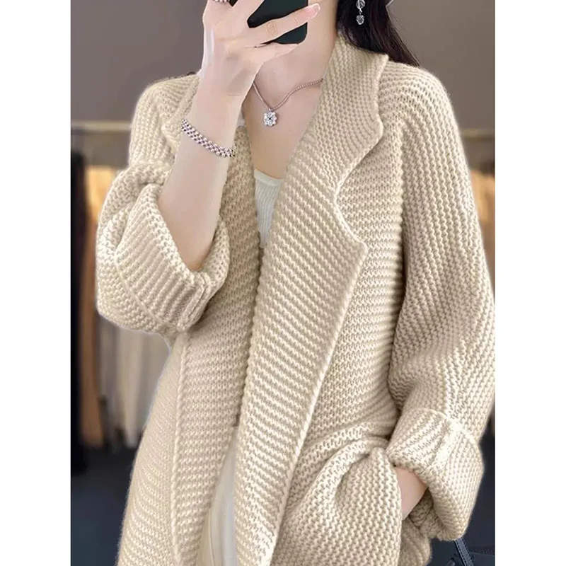 秋冬カーディガンセータージャケット女性2025新作ファッションルーズミディアムロングニットセーターコート女性カジュアルアウターウェアレディース