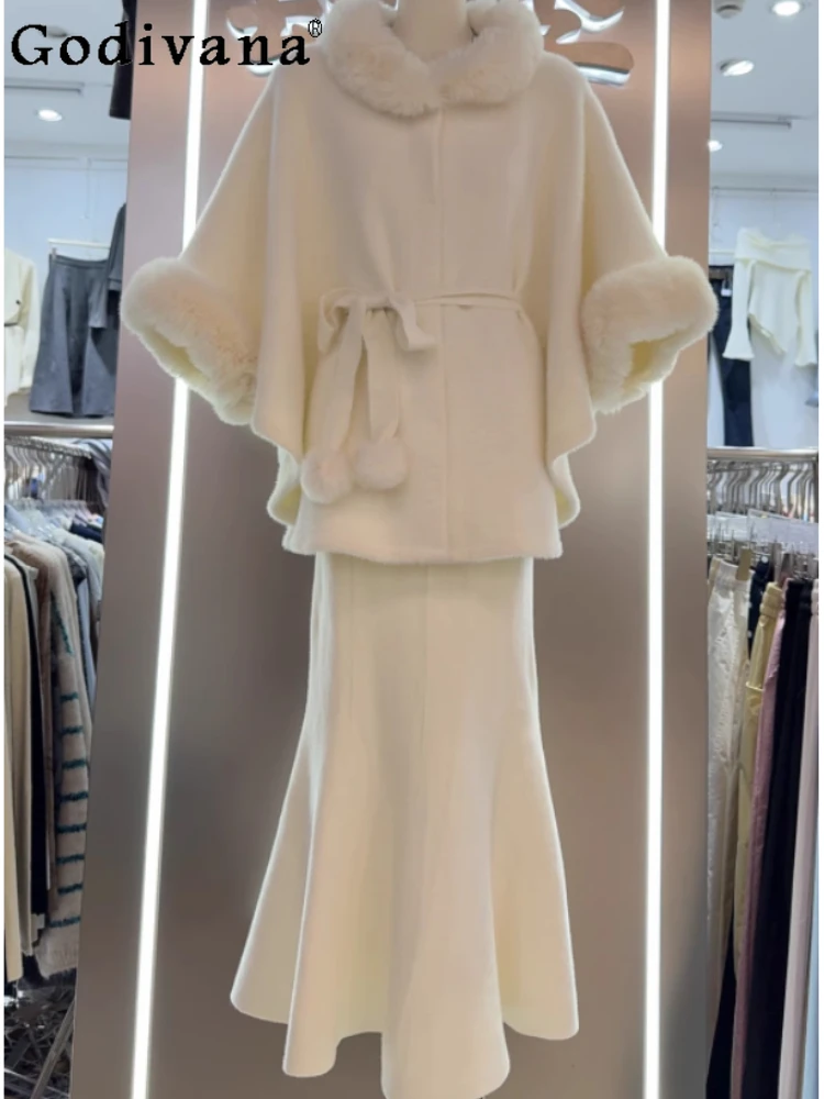 

Autumn Winter Korean Temperament Medium Long Round Neck Loose Long Sleeve Coat Women Fashion High Waist Slim Fishtail Skirt Sets