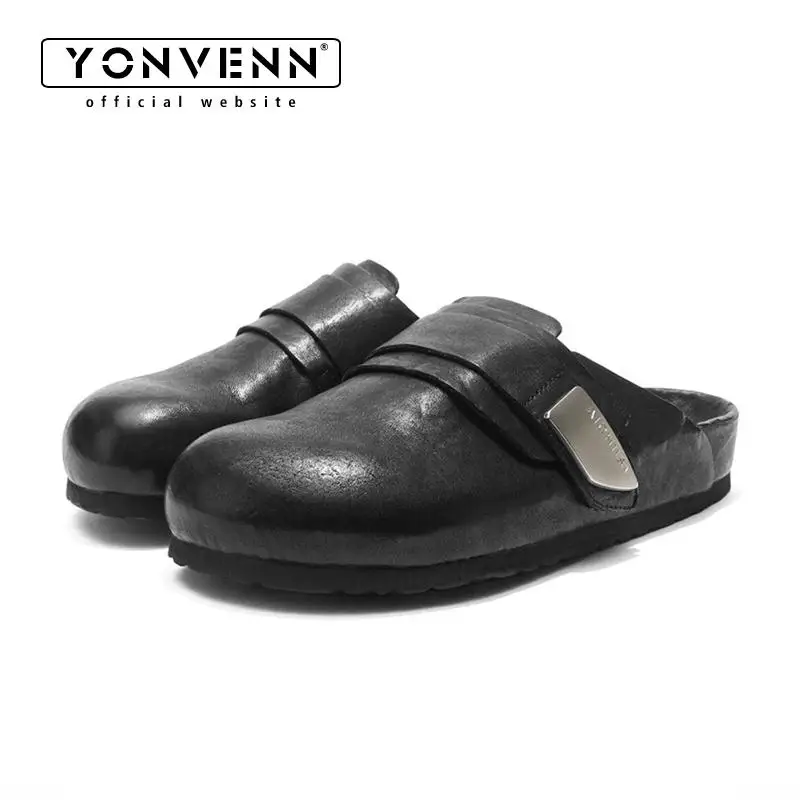 Washed horse leather Muller shoes for men with a lazy and metallic design Birken slippers for outdoor leisure