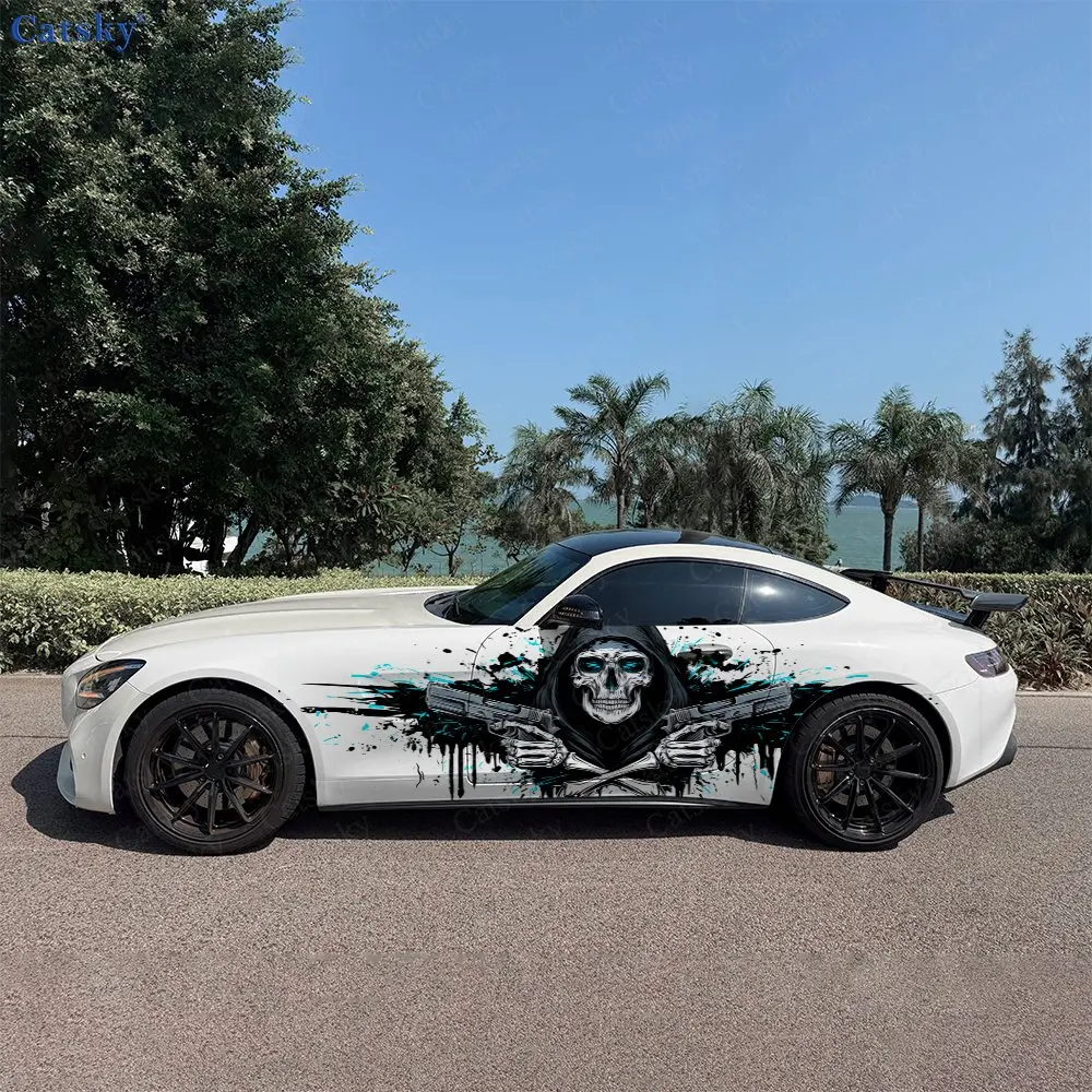 2pcs Splash Brush Strokes Hooded Skull Car Side Wraps, Self-Adhesive PVC Waterproof & Scratch-Resistant Stickers, Car Accessory