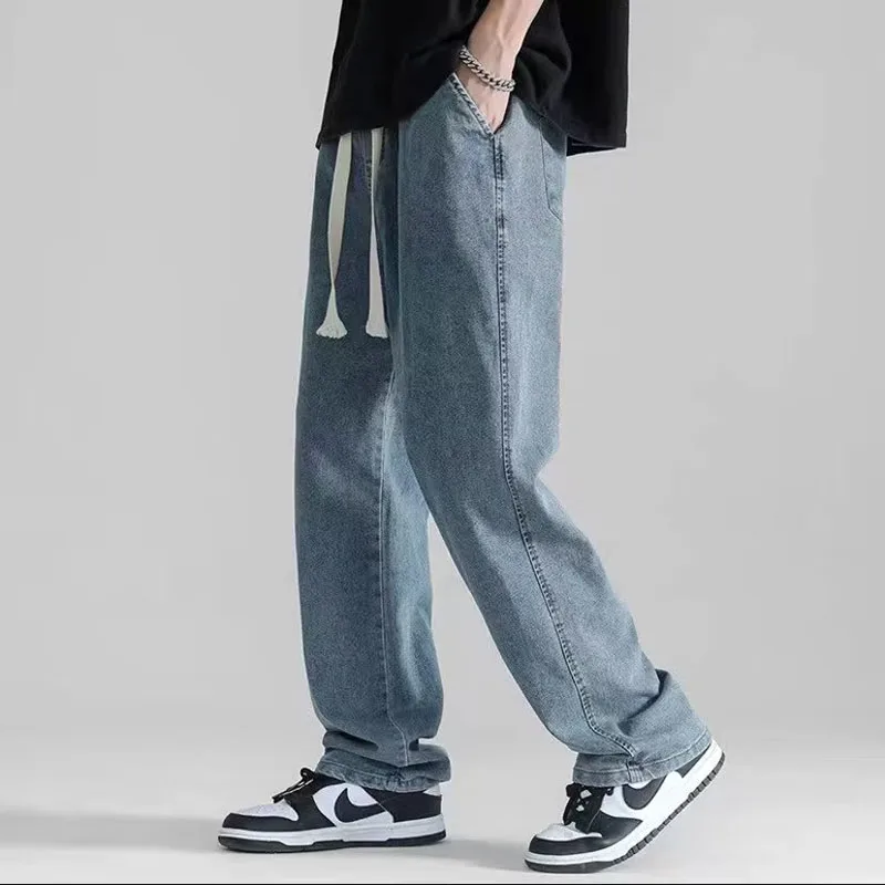 

Mens Denim Jeans Loose Straight Leg Jeans Retro Blue Wide Leg Pants Summer Korean Version Casual Long Pants