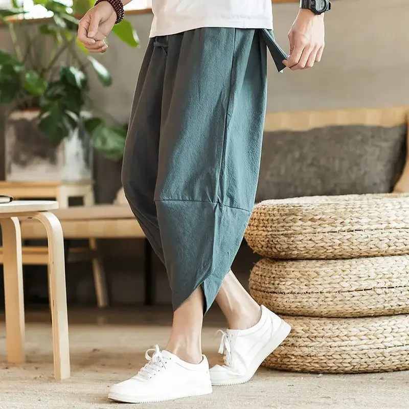 Summer Loose-fit Men's Wide-leg Casual Shorts Chinese Style Seven-fourths Beach Harem Shorts For Men