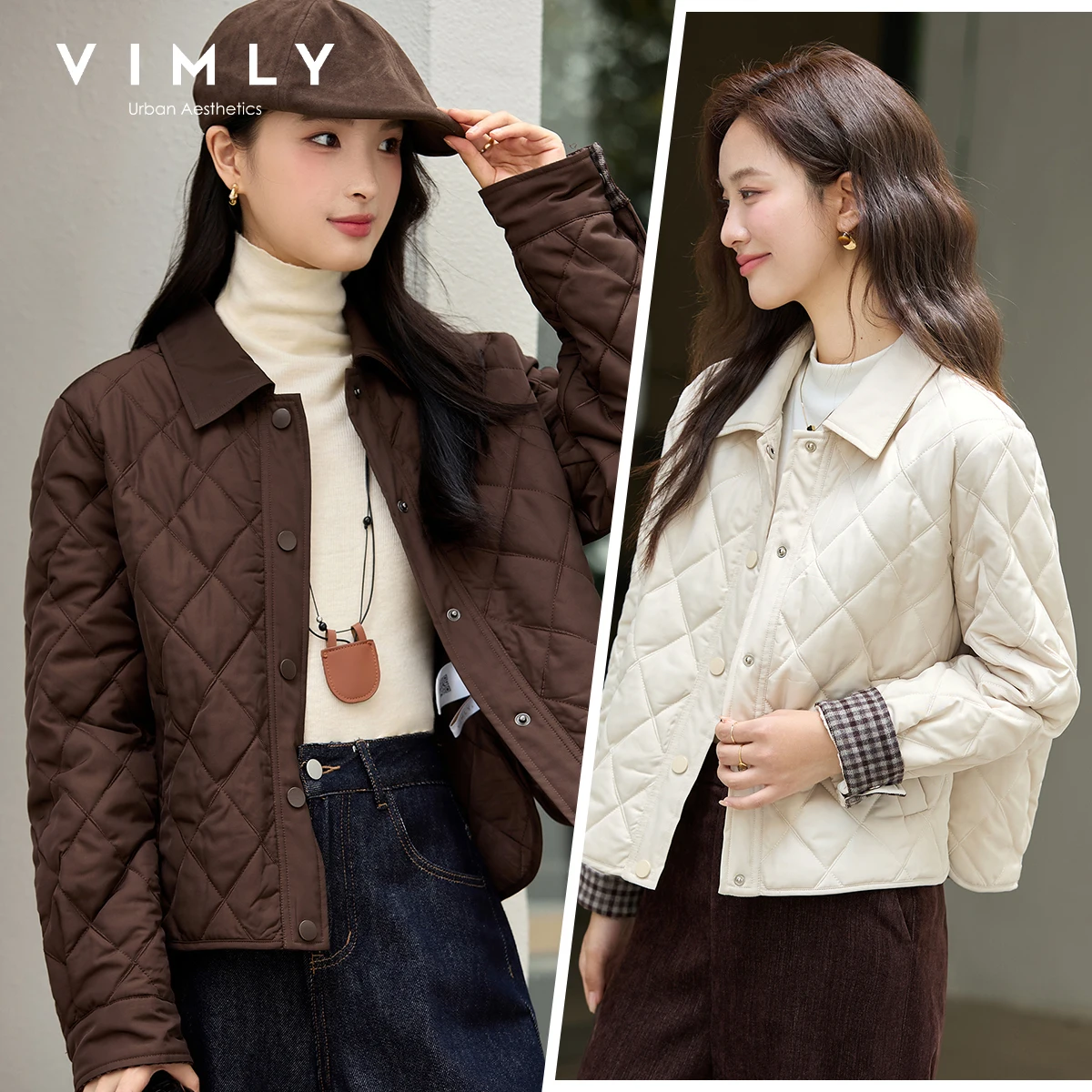 VIMLY Women's Vintage Quilted Jacket 2026 Winter Warm Parkas Plaid Spliced Cuff Long Sleeve Lady Outerwear Woman Clothes A2796