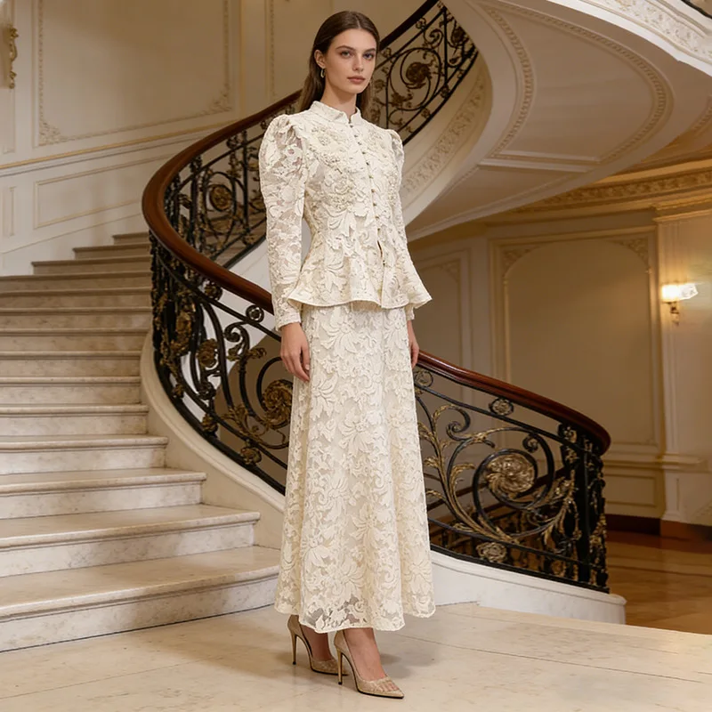 Temperament Celebrity Style Suit Women's Fashion Design Sense Retro Long Sleeve Cardigan Long Dress