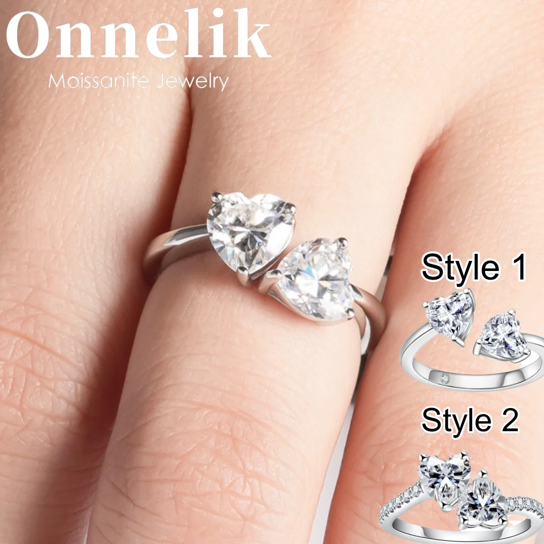 

Элегантное модное ювелирное украшение Onnelik: Открытое кольцо из стерлингового серебра S925 с муассанитом 2 карата в форме сердца, подарочный набор для женщин