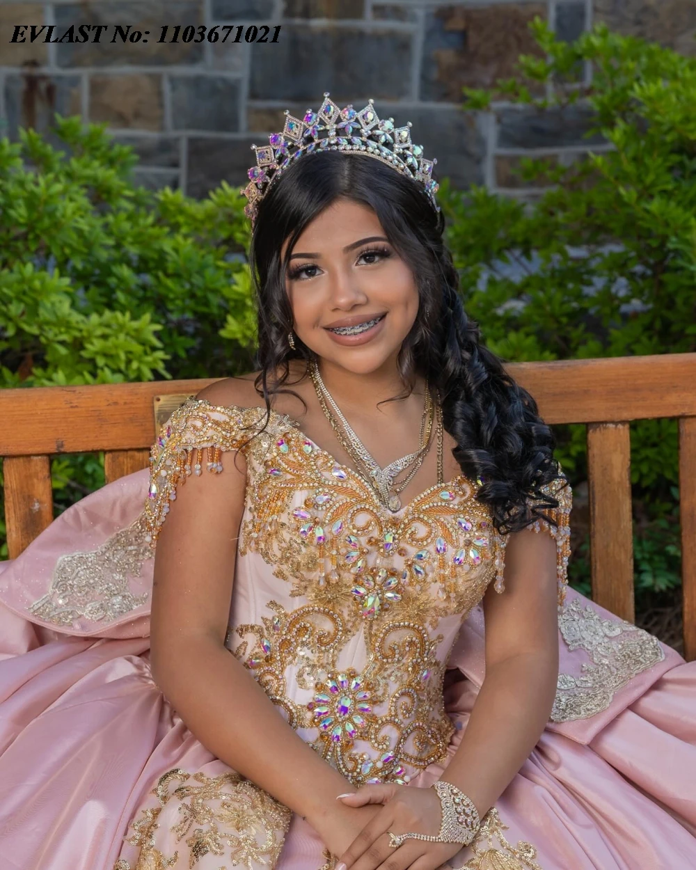 EVLAST Glitter สีชมพู Quinceanera Ball Gown ทองลูกไม้ Applique ลูกปัดหวาน 16 Vestidos De 15 Anos ที่กําหนดเอง SQ790