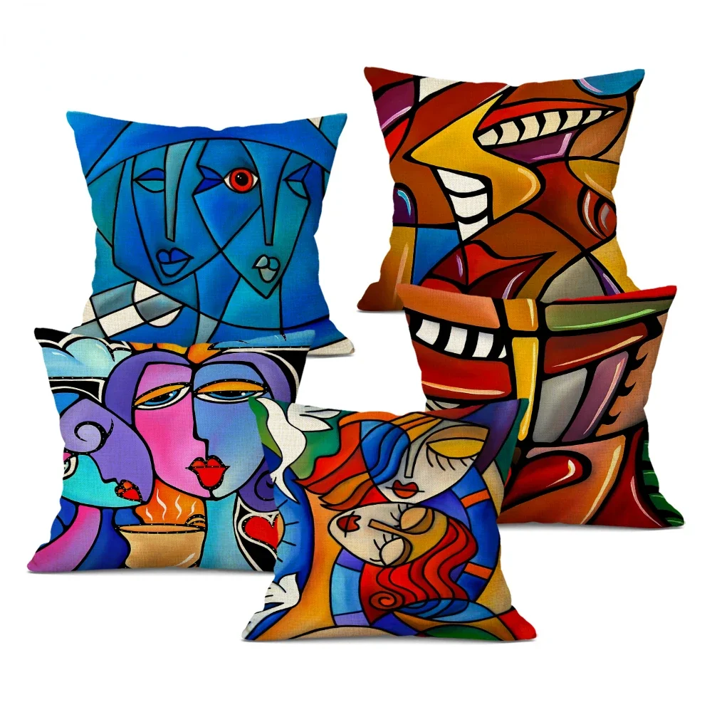 1pcs/Set Abstract Painting Decorative Cushion Cover Nordic Style Colorful Cartoon Girl Pillowcase Linen Pillow Case for Sofa