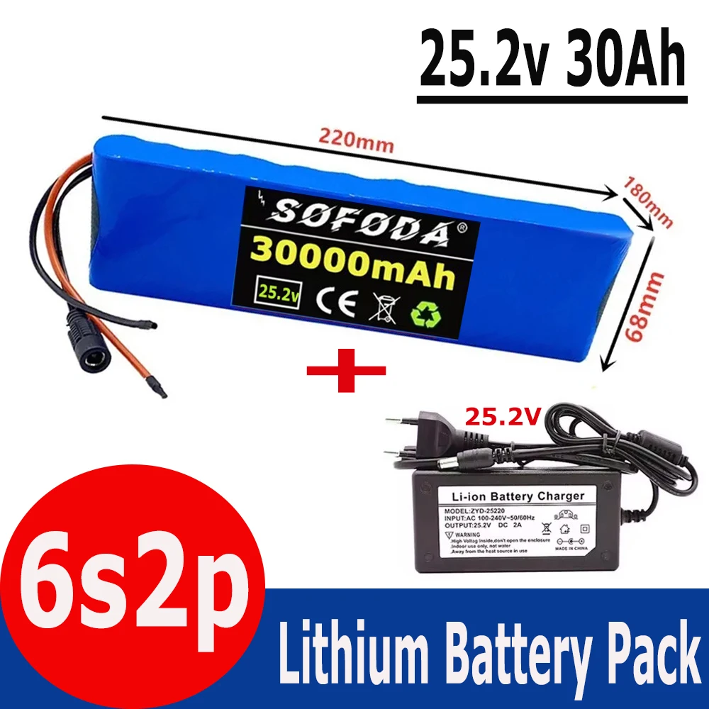 

24V 30000mAh 6S2P 18650 Lithium Battery Pack 25.2V 30000mAh With BMS For Electric Bicycle Moped + 2A Batteries Charger