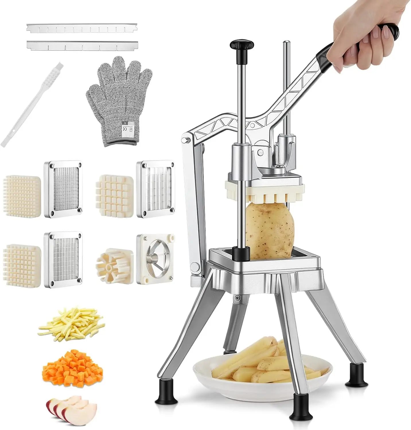 

FOHRER Commercial Vegetable Chopper French Fry Cutter – Heavy Duty Potato Dicer with 4 Stainless Steel Blades (1/4", 3/8", 1/2",