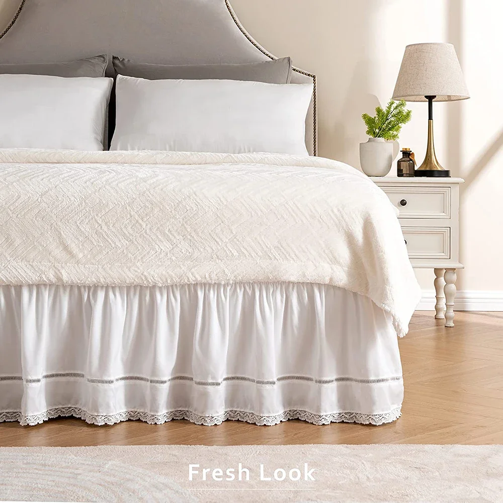 White Home Hotel Bed Skirt Hollowed Lace Bed Skirt Elastic Band Bed Skirt Couvre Lit Bedding Bed Cover Without Surface