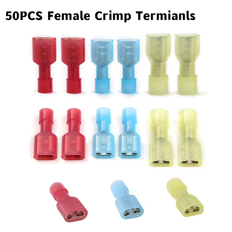 50/150PCS Female Nylon Brass Spade Crimp Terminal Fully Insulated Spade Electrical Insulated Joint Cable Wire Connector Kit Tool