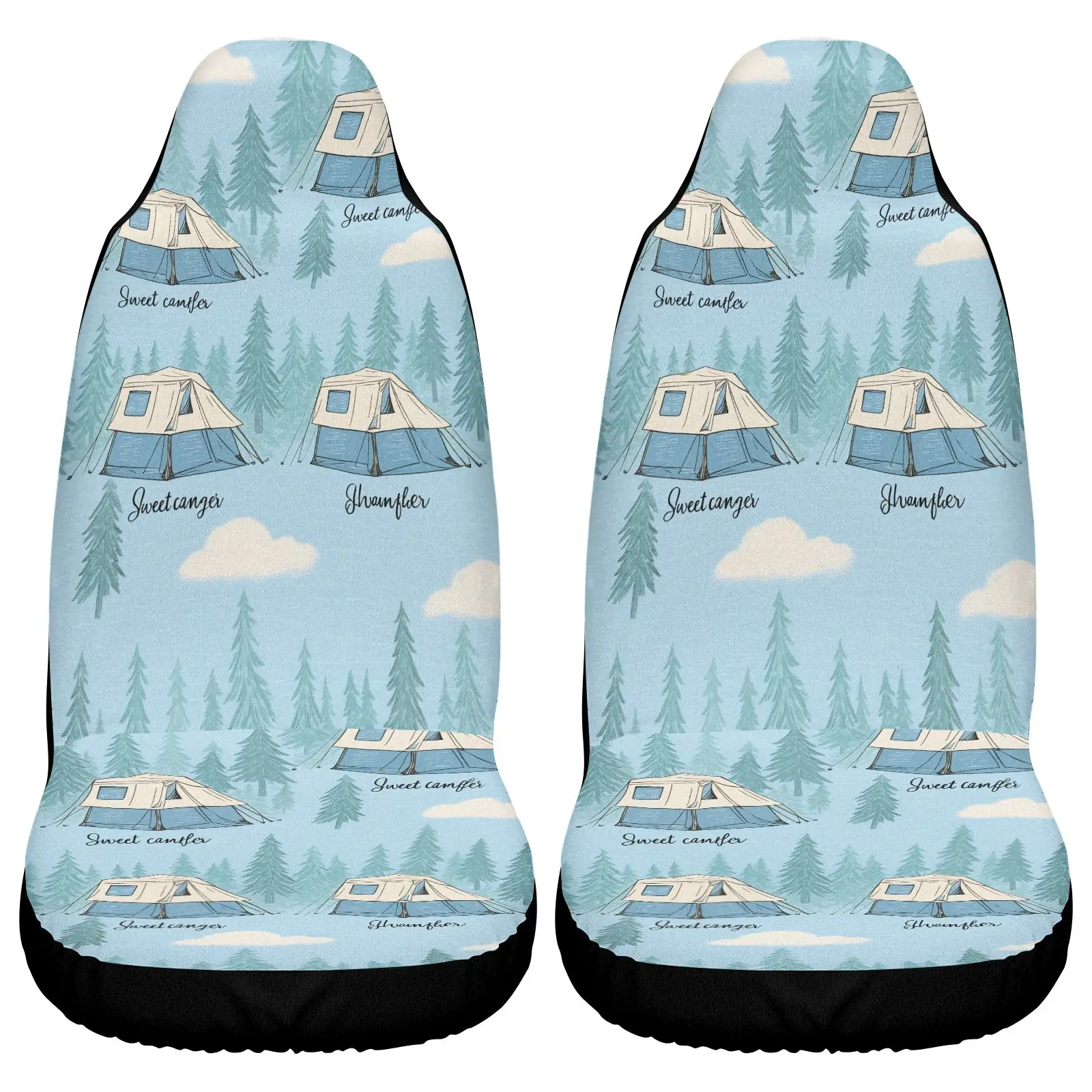 Car Seat Covers | Light Blue Camping Tent And Pine Tree Pattern With Words Good Vibes And Dreamy Place For Outdoor Adventures |