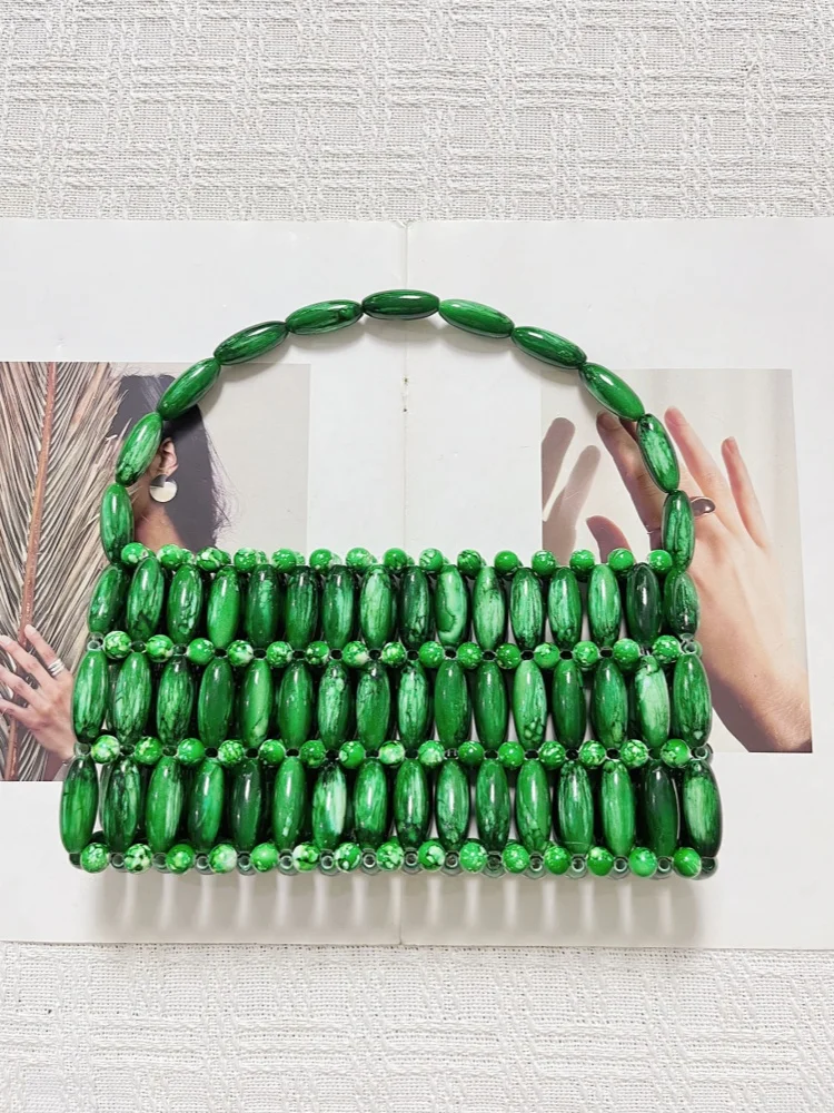 

Handmade Bead Woven Acrylic Women's Handbag New Leisure Versatile Hollow Out Beach Bag Fashion Chic Purse Mobile Phone Bag