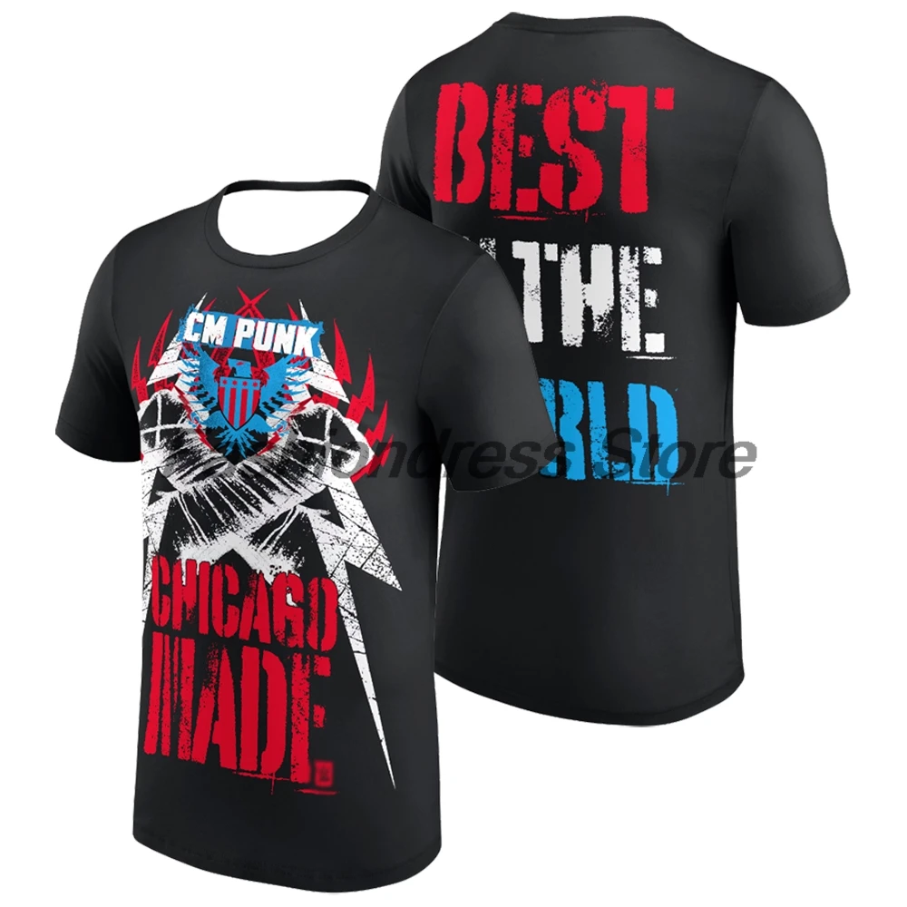 Men's Black CM Punk Chicago Made Red, White & Blue T-shirt Crewneck Short Sleeve Polyester Tee Women Streetwear Tops