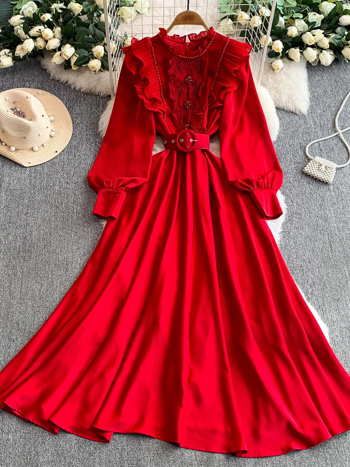 

Ele Lace Splicing Long Dr Женская шелковая атласная утягивающая юбка трапециевидной формы с высокой талией French Sle Bell Sve Full Body Fit